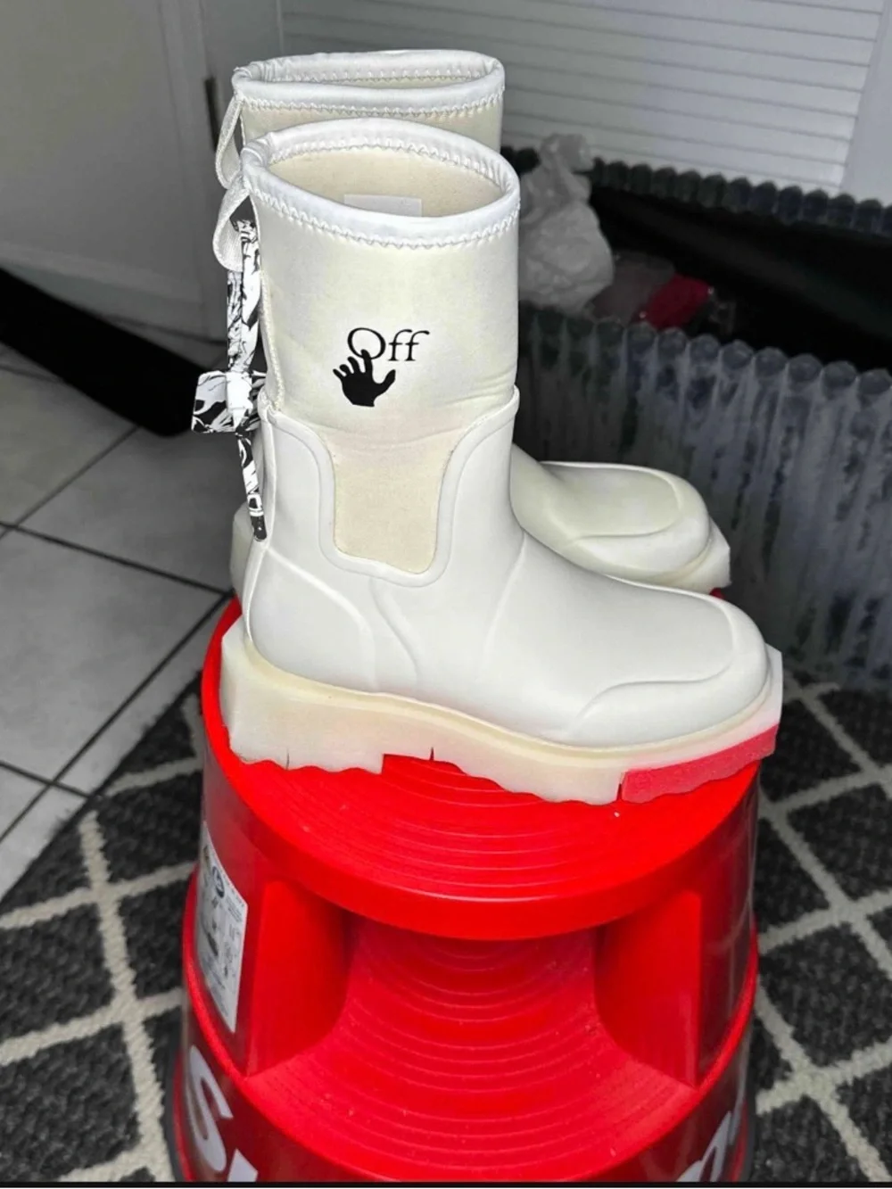 White Cream Platform Rain Boots with Pink Sole
